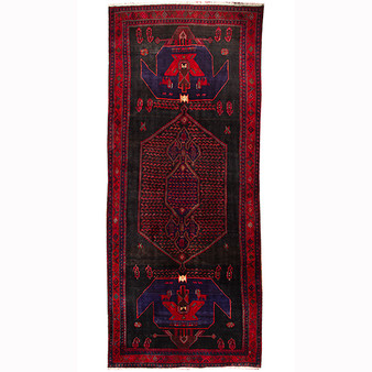 Bijar Persian Rug 13x5 ft - Semi Antique Medallion (Toranj), Geometric Dark Red, Navy Blue, Black Hand Knotted | front view | SKU 110304