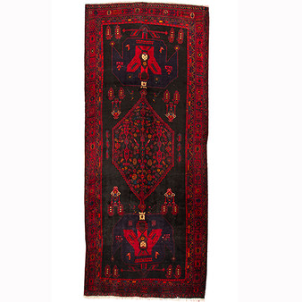Bijar Persian Rug 12x5 ft - Semi Antique Medallion Crimson, Navy Blue Hand Knotted | front view | SKU 110306