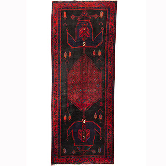 Bijar Persian Rug 13x5 ft - Semi Antique Medallion (Toranj), Geometric Dark Red, Black, Crimson Hand Knotted | front view | SKU 110307