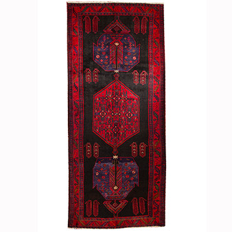 Bijar Persian Rug 12x5 ft - Semi Antique Medallion Crimson, Navy Blue Hand Knotted | front view | SKU 110310