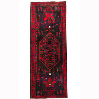 Bijar Persian Rug 13'10" x 4'11" - Semi Antique Medallion Crimson, Navy Blue Hand Knotted | front view | SKU 110313