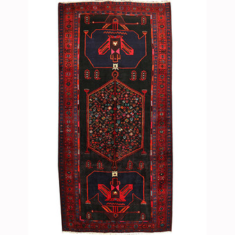 Bijar Persian Rug 10x4 ft - Semi Antique Medallion Crimson, Navy Blue Hand Knotted | front view | SKU 110314