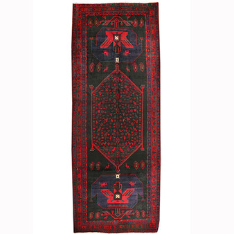 Bijar Persian Rug 14'2" x 5'1" - Semi Antique Medallion Crimson, Navy Blue Hand Knotted | front view | SKU 110315