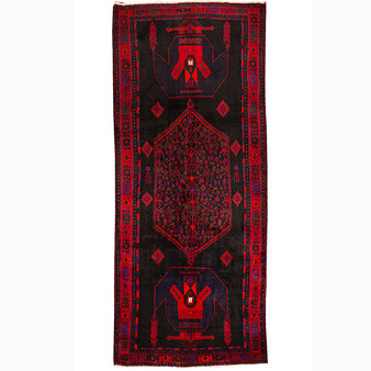 Bijar Persian Rug 12x5 ft - Semi Antique Medallion Crimson, Navy Blue Hand Knotted | front view | SKU 110317