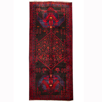 Bijar Persian Rug 10x4 ft - Semi Antique Medallion (Toranj), Geometric Dark Red, Navy Blue, Crimson Hand Knotted | front view | SKU 110320