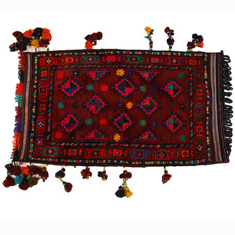 Shiraz Persian Rug 3x2 ft - Semi Antique Geometric, Diamond Lattice Dark Red, Maroon, Black Hand Knotted | front view | SKU 110329