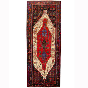 Senneh Persian Rug 13x5 ft - Semi Antique Medallion (Toranj), Herati (Mahi) Crimson, Cream, Navy Blue Hand Knotted | front view | SKU 110330