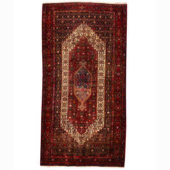 Senneh Persian Rug 10'6" x 5'3" - Semi Antique Medallion Crimson, Navy Blue Hand Knotted | front view | SKU 110331
