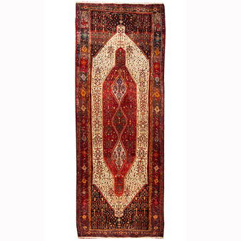 Senneh Persian Rug 13x5 ft - Semi Antique Medallion Crimson, Navy Blue Hand Knotted | front view | SKU 110334