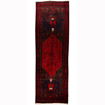 Senneh Persian Rug 14'1" x 4'11" - Semi Antique Medallion Crimson, Navy Blue Hand Knotted | front view | SKU 110335