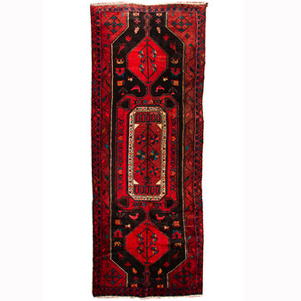 Senneh Persian Rug 9'10" x 3'11" - Semi Antique Medallion Crimson, Navy Blue Hand Knotted | front view | SKU 110336