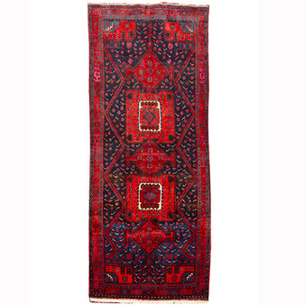 Senneh Persian Rug 10'10" x 4'6" - Semi Antique Medallion Crimson, Navy Blue Hand Knotted | front view | SKU 110337