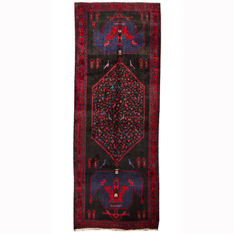 Bijar Persian Rug 13x4 ft - Semi Antique Medallion Crimson, Navy Blue Hand Knotted | front view | SKU 110342