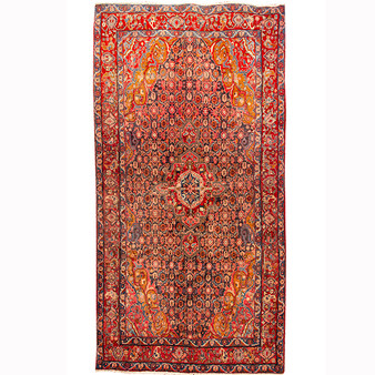 Senneh Persian Rug 10x5 ft - Semi Antique Medallion Crimson, Navy Blue Hand Knotted | front view | SKU 110343