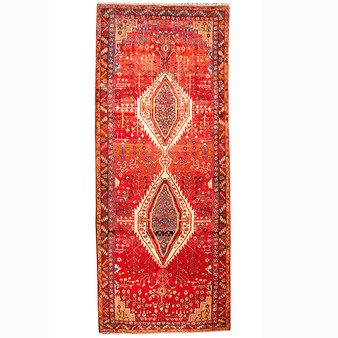 Bijar Persian Rug 13x5 ft - Semi Antique Medallion (Toranj), Geometric Crimson, Ivory, Navy Blue Hand Knotted | front view | SKU 110349