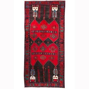 Bijar Persian Rug 10'2" x 4'9" - Semi Antique Medallion Crimson, Navy Blue Hand Knotted | front view | SKU 110350