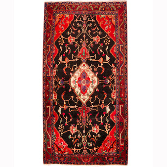 Bijar Persian Rug 9'10" x 4'12" - Semi Antique Medallion Crimson, Navy Blue Hand Knotted | front view | SKU 110351