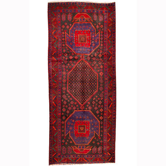 Bijar Persian Rug 12x5 ft - Semi Antique Medallion Crimson, Navy Blue Hand Knotted | front view | SKU 110353
