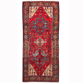 Bijar Persian Rug 11'8" x 4'10" - Semi Antique Medallion Crimson, Navy Blue Hand Knotted | front view | SKU 110355