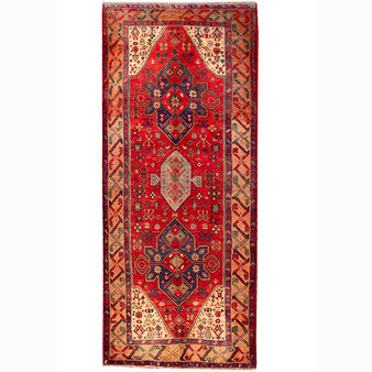 Bijar Persian Rug 12x5 ft - Semi Antique Medallion Crimson, Navy Blue Hand Knotted | front view | SKU 110356
