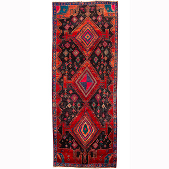 Bijar Persian Rug 11x4 ft - Semi Antique Medallion Toranj Geometric Madder Red Navy Blue Black Hand Knotted | front view | SKU 110357