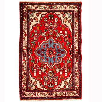 Hamadan Persian Rug 4x2 ft - Semi Antique Shah Abbasi, Medallion (Toranj) Madder Red, Cream, Navy Blue Hand Knotted | front view | SKU 110362