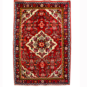 Hamadan Persian Rug 4x3 ft - Semi Antique Medallion Toranj, Herati Mahi Madder Red, Cream, Navy Blue Hand Knotted | front view | SKU 110363