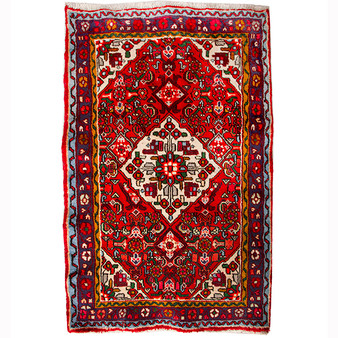 Hamadan Persian Rug 4x3 ft - Semi Antique Afshan Red, Blue Hand Knotted | front view | SKU 110364