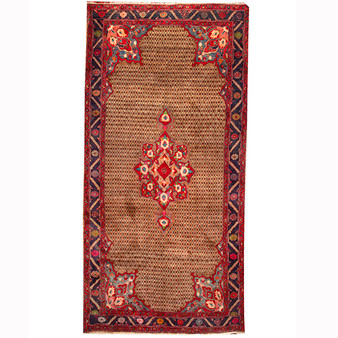 Kurdish Persian Rug 10'4" x 5'4" - Semi Antique Medallion Red, Blue Hand Knotted | front view | SKU 110368
