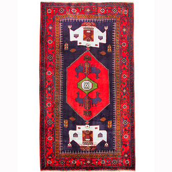 Bijar Persian Rug 8x4 ft - Semi Antique Medallion Crimson, Navy Blue Hand Knotted | front view | SKU 110369