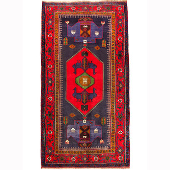 Bijar Persian Rug 8'10" x 4'11" - Semi Antique Medallion Crimson, Navy Blue Hand Knotted | front view | SKU 110370