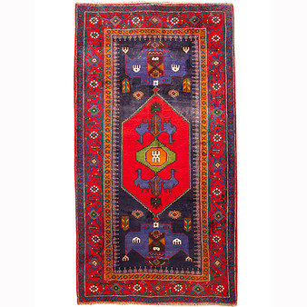 Bijar Persian Rug 8'7" x 4'10" - Semi Antique Medallion Crimson, Navy Blue Hand Knotted | front view | SKU 110371