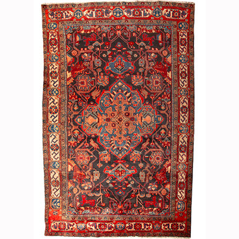 Nahavand Persian Rug 8x5 ft - Semi Antique Medallion Navy Blue, Red Hand Knotted | front view | SKU 110373