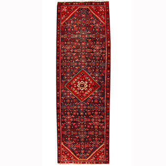 Hamadan Persian Rug 9x2 ft - Semi Antique Afshan Red, Blue Hand Knotted | front view | SKU 110374