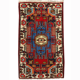 Saveh Persian Rug 4x2 ft - Semi Antique Medallion Toranj Geometric Madder Red Navy Blue Ivory Hand Knotted | front view | SKU 110378