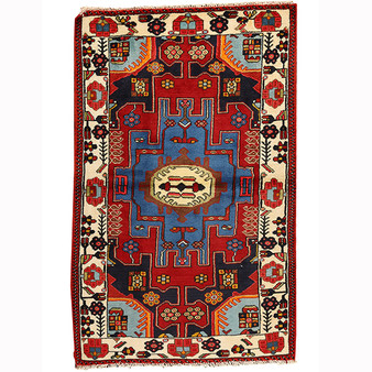 Saveh Persian Rug 4x2 ft - Semi Antique Medallion Toranj, Geometric Madder Red, Blue, Cream Hand Knotted | front view | SKU 110379