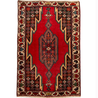 Saveh Persian Rug 4x2 ft - Semi Antique Medallion (Toranj), Geometric Red, Dark Red, Brown Hand Knotted | front view | SKU 110380