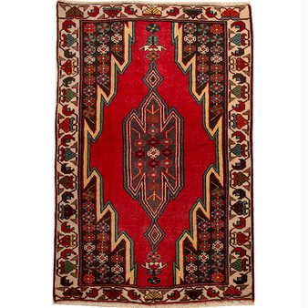 Saveh Persian Rug 4x3 ft - Semi Antique Medallion Red, Brown Hand Knotted | front view | SKU 110381