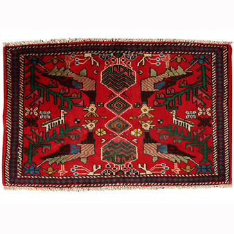Saveh Persian Rug 3x2 ft - Semi Antique Geometric, Tribal and Nomadic Madder Red, Dark Red, Forest Green Hand Knotted | front view | SKU 110385
