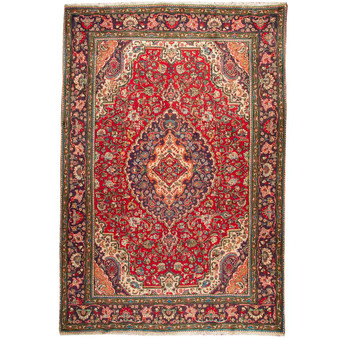 Tabriz Persian Rug 10'2" x 6'10" - Semi Antique Medallion Red, Cream Hand Knotted | front view | SKU 110388