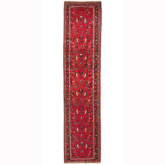 Hamadan Persian Rug 16'11" x 3'9" - Semi Antique Afshan Red, Blue Hand Knotted | front view | SKU 110389