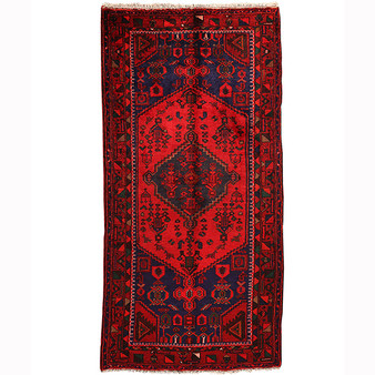 Zanjan Persian Rug 7x3 ft - Semi Antique Medallion Navy Blue, Crimson Hand Knotted | front view | SKU 110390