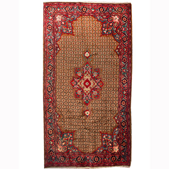 Kurdish Persian Rug 9x5 ft - Semi Antique Medallion (Toranj), Herati (Mahi) Camel, Madder Red, Navy Blue Hand Knotted | front view | SKU 110400
