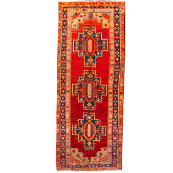 Sarab Persian Rug 10'2" x 3'11" - Semi Antique Medallion Camel, Blue Hand Knotted | front view | SKU 110402