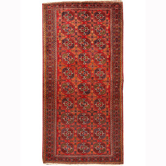 Baluch Persian Rug 8x3 ft - Semi Antique Mihrab Red, Blue Hand Knotted | front view | SKU 110405
