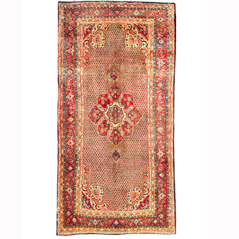Kurdish Persian Rug 10x5 ft - Semi Antique Medallion Toranj Herati Mahi Camel Madder Red Navy Blue Hand Knotted | front view | SKU 110408