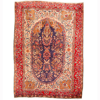 Arak Persian Rug 4x3 ft - Semi Antique Shah Abbasi, Medallion (Toranj) Crimson, Navy Blue, Cream Hand Knotted | front view | SKU 110409