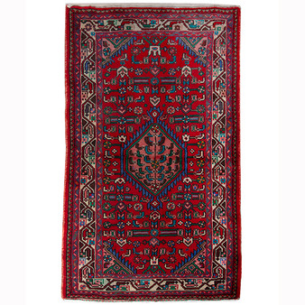 Hamadan Persian Rug 4'3" x 2'6" - Semi Antique Afshan Red, Blue Hand Knotted | front view | SKU 110413