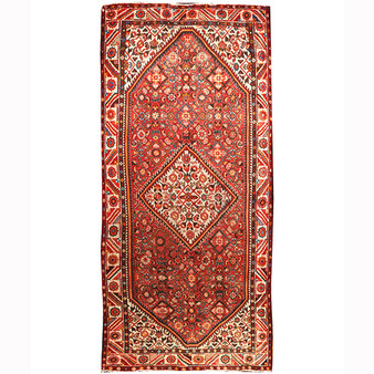 Hamadan Persian Rug 11x5 ft - Semi Antique Afshan Red, Blue Hand Knotted | front view | SKU 110421