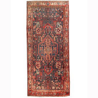 Nahavand Persian Rug 10x4 ft - Semi Antique Medallion Navy Blue, Red Hand Knotted | front view | SKU 110425